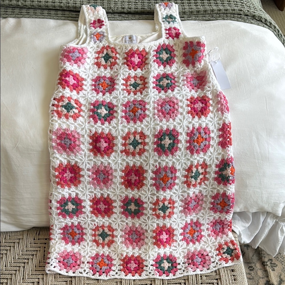 Handcrafted White & Pink Crochet Midi Dress